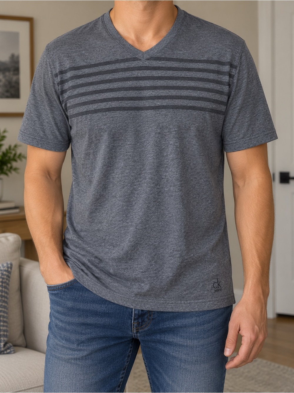 Calvin Klein Men's Charcoal Gray V-Neck Stripe Tee